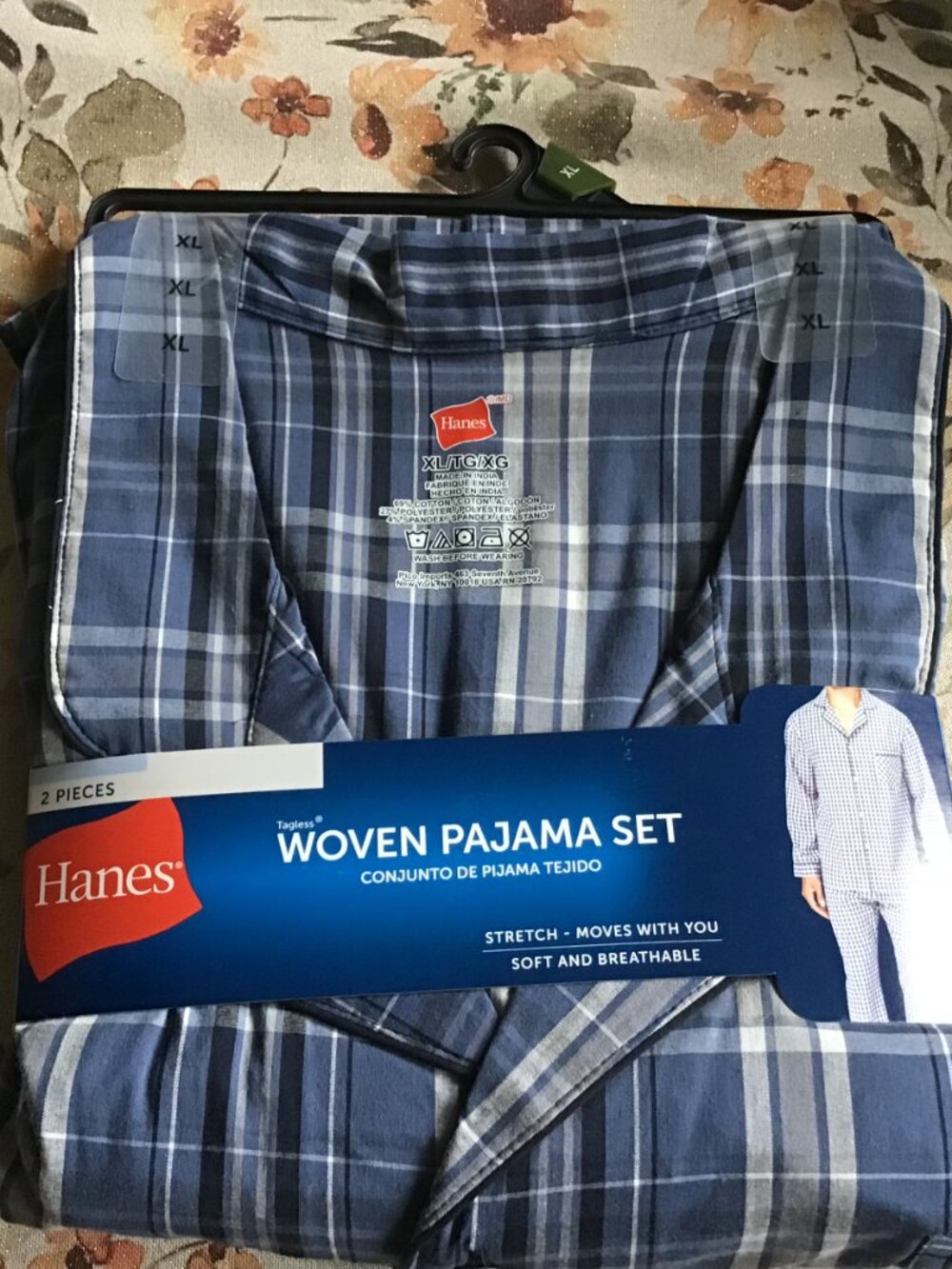 New Hanes Men's Woven Pajama Set - Blue Plaid Long Sleeve Pants - Brand New